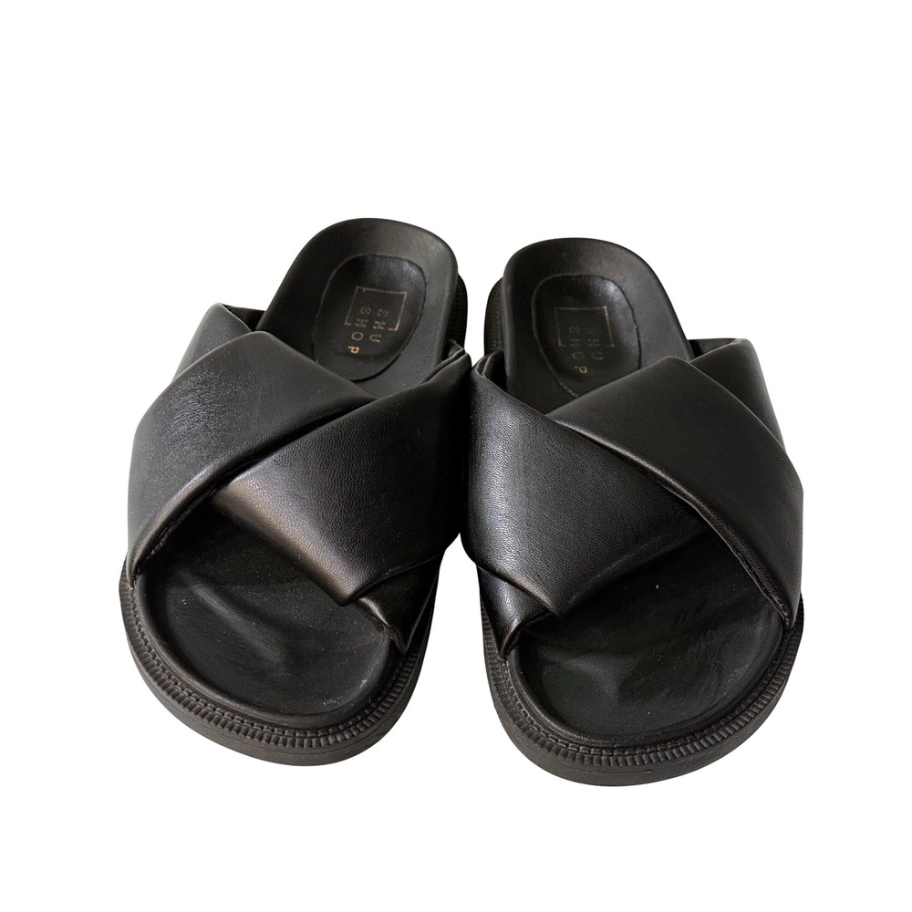 Shu Shop Claire Black Criss Cross Slide Sandals Womens Size 7.5 Flat Shoes